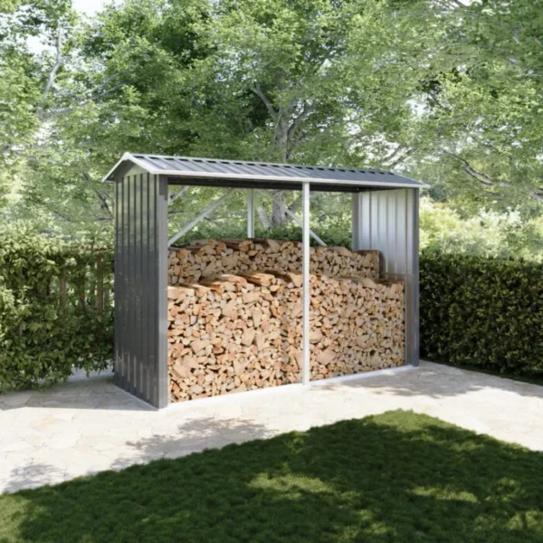 Legnaia da esterno in acciaio zincato nero (238x87x160 cm) con tetto spiovente